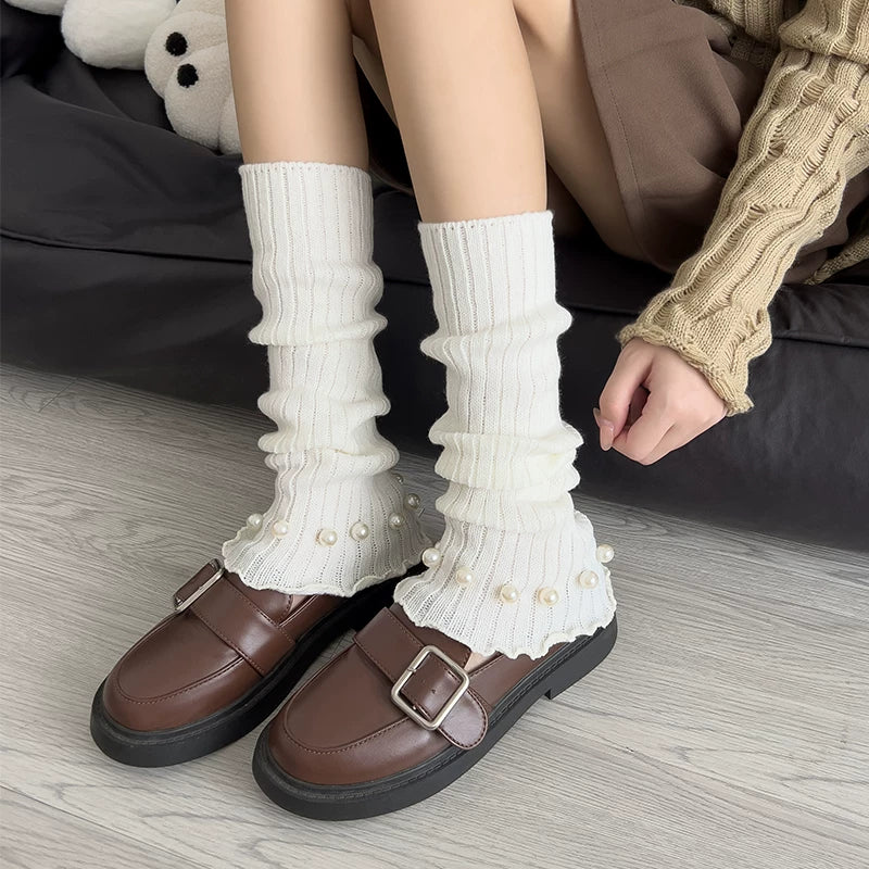 Crystorax | Pearl Accent Leg Warmers for Women, Autumn Winter Pile Mid-Calf Socks with JK and Y2K Style