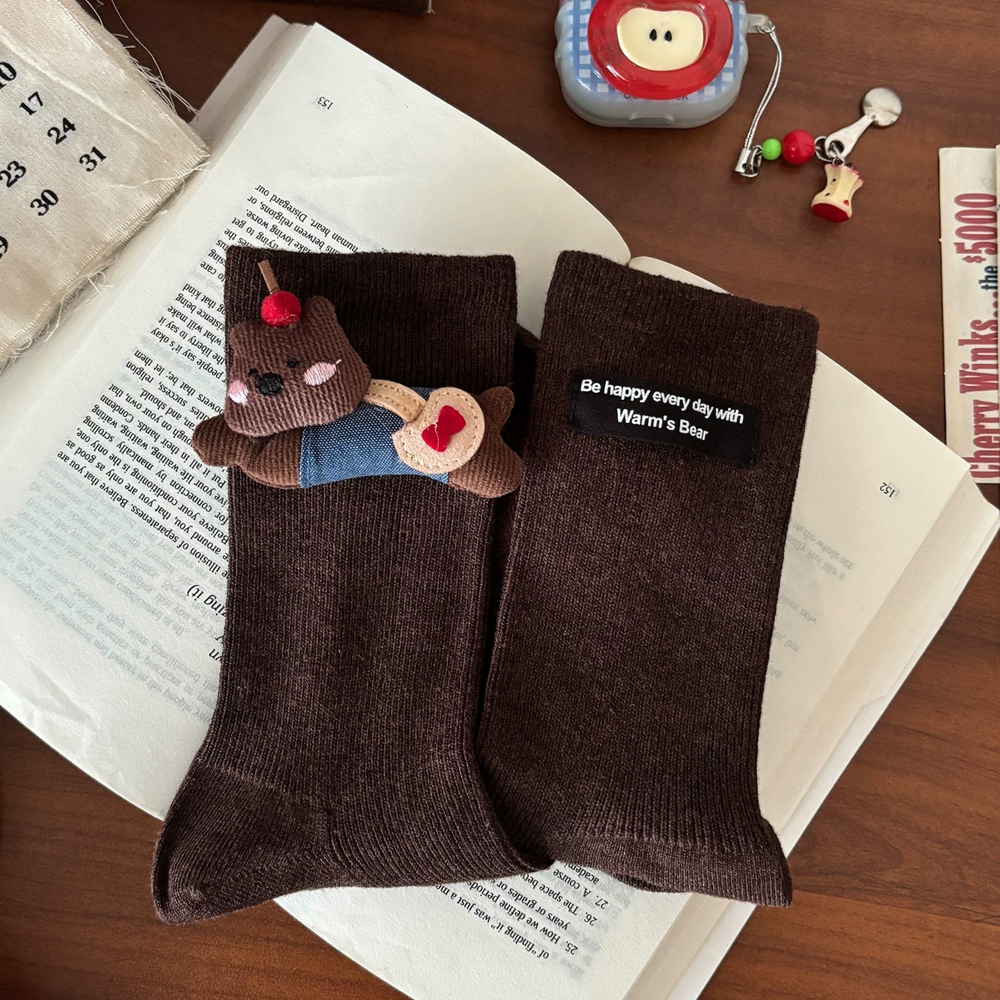 Crystorax | Coffee Brown Cotton Mid-Calf Socks for Women, Autumn Winter Japanese Cute Cartoon Socks for Leather Shoes