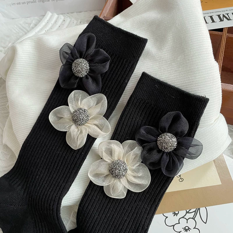 Crystorax | Elegant Floral Mesh Mid-Calf Socks for Women, Spring and Autumn Organza Flower Socks with Subtle Shine