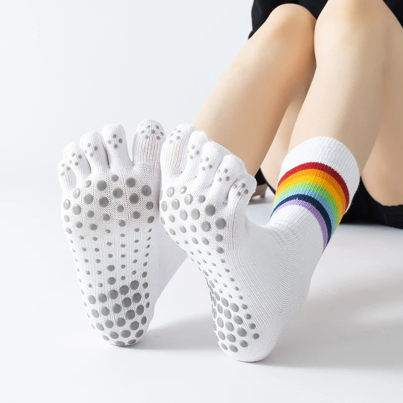 Crystorax | Rainbow Stripe Five-Toe Yoga Socks for Women, Non-Slip Mid-Calf Pilates Socks for Fitness and Aerobics