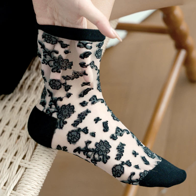 Crystorax | Retro Rose Crystal Silk Mid-Calf Socks for Women, Lightweight Spring Summer Ice Silk Floral Socks