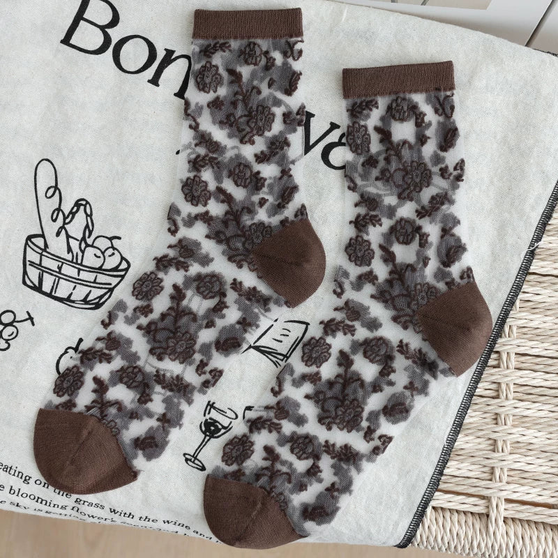 Crystorax | Retro Rose Crystal Silk Mid-Calf Socks for Women, Lightweight Spring Summer Ice Silk Floral Socks