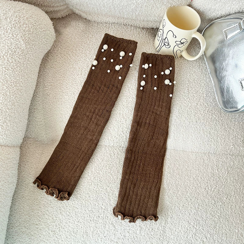 Crystorax | Pearl Accent Leg Warmers for Women, Autumn Winter Pile Mid-Calf Socks with JK and Y2K Style