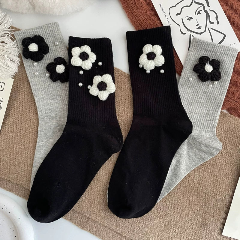 Crystorax | Black and Gray Floral Mid-Calf Socks for Women, Soft Cotton Korean-Inspired Fashion Socks with Pearl Details