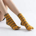 Crystorax | Cartoon Cat Five-Toe Yoga Socks for Women, Striped Non-Slip Mid-Calf Pilates Socks for Indoor Fitness