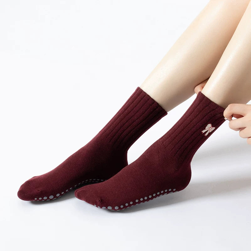 Crystorax | Bow Detail Non-Slip Mid-Calf Yoga Socks for Women, Pilates and Indoor Fitness Socks