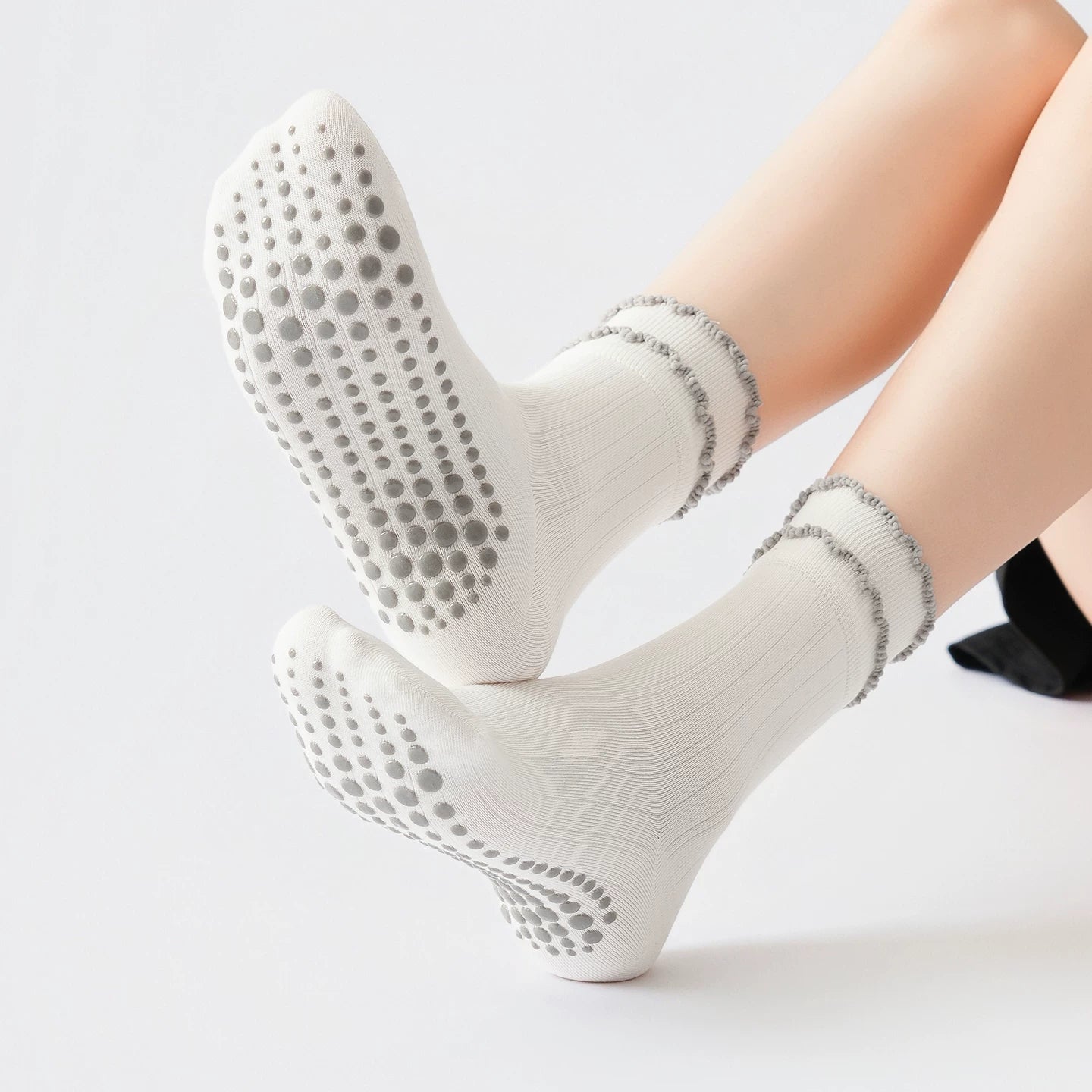 Crystorax | Lace Trim Non-Slip Mid-Calf Yoga Socks for Women, Autumn and Winter Pilates Socks for Indoor Fitness