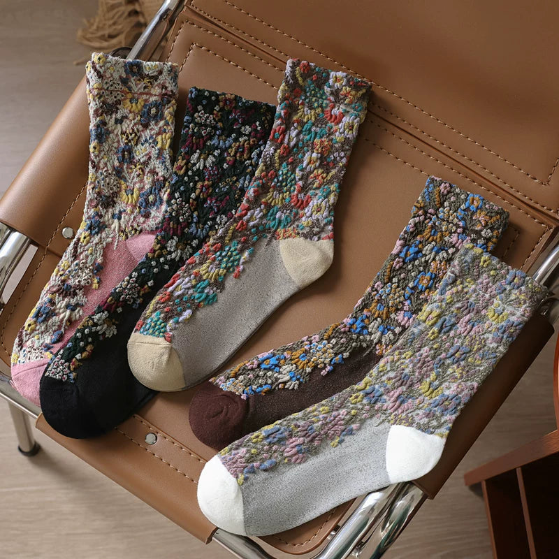 Crystorax | Embossed Floral Pile Socks for Women, Retro Forest Style Mid-Calf Socks for Spring and Autumn