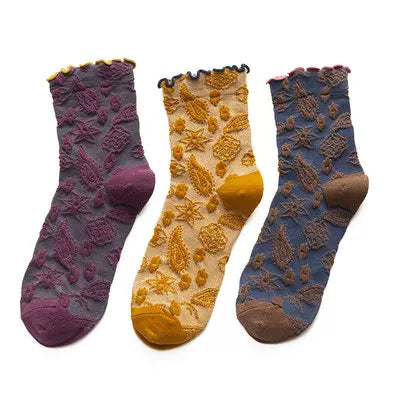 Crystorax | 3-Pack Floral Knit Mid-Calf Socks for Women, Retro Forest Style Ruffle Edge Socks for Spring and Autumn