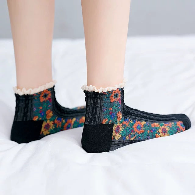 Crystorax | 3-Pack Retro Floral Twist Knit Mid-Calf Socks for Women, Textured Cotton Socks with 3D Flower Details