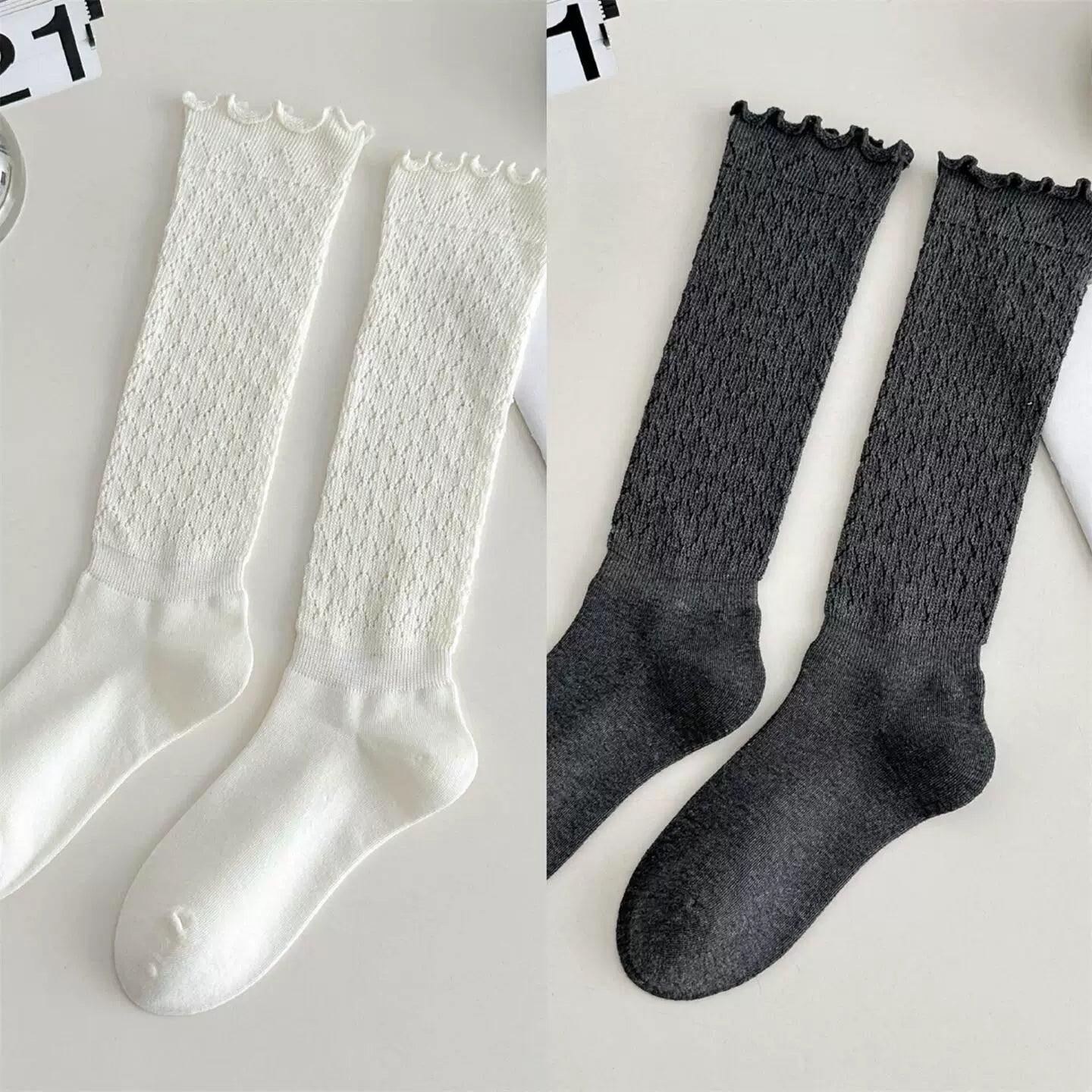 Crystorax | Women’s Knit Calf Socks with Lace Trim Detail