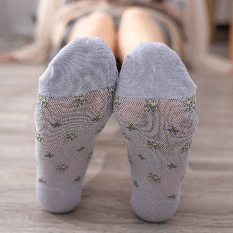 Crystorax | 5-Pack Breathable Mesh Boat Socks for Women, Lightweight Floral Jacquard Cotton Socks for Spring and Summer