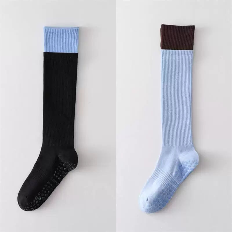 Crystorax | Long Tube Non-Slip Yoga Socks for Women, Double-Cuff Mid-Calf Socks for Pilates and Indoor Fitness