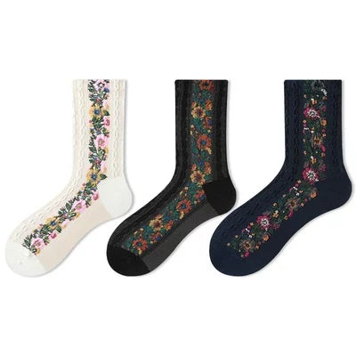 Crystorax | 3-Pack Retro Floral Twist Knit Mid-Calf Socks for Women, Textured Cotton Socks with 3D Flower Details