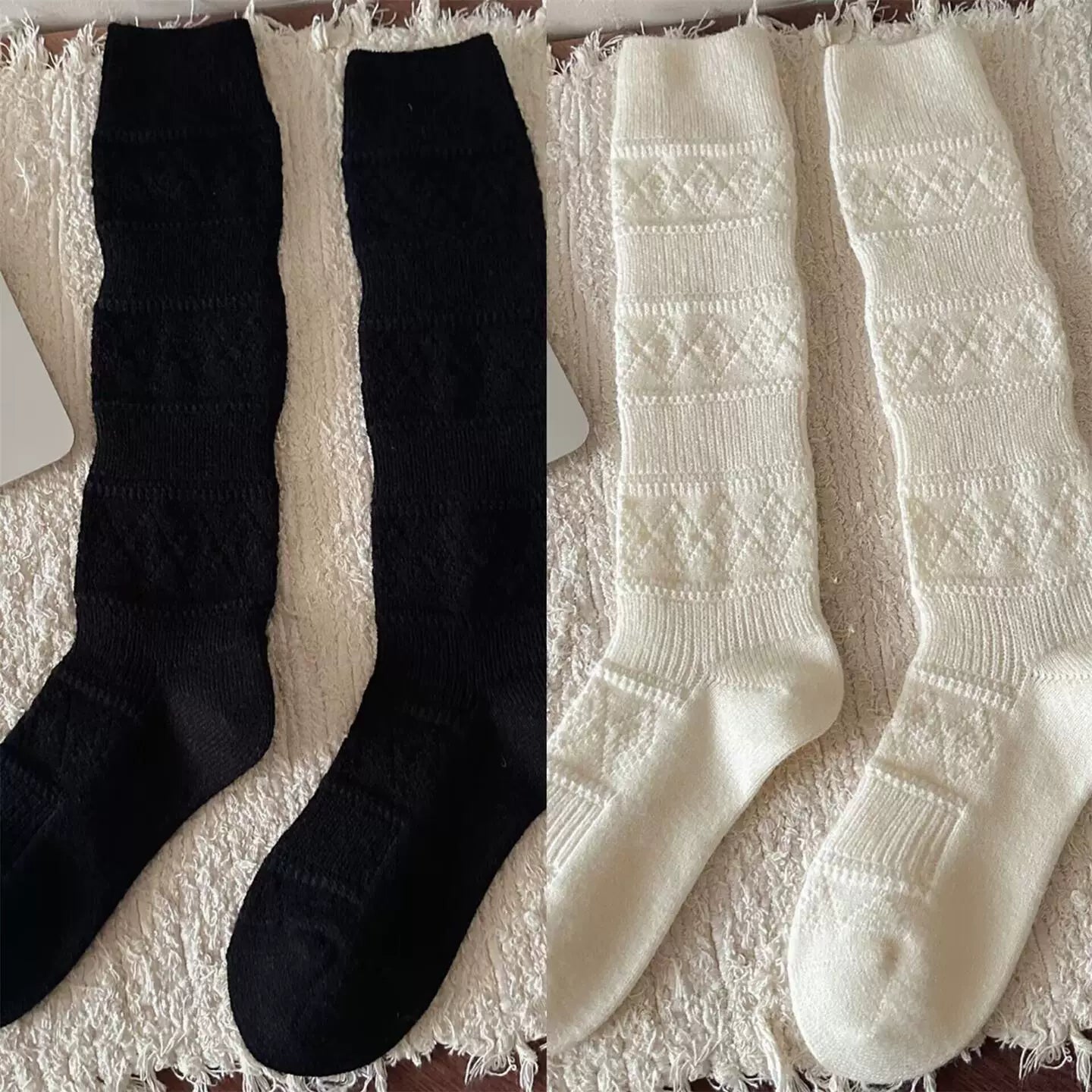 Crystorax | Warm Velvet Diamond Knit Mid-Calf Socks for Women, Korean Retro Pile Socks for Autumn and Winter