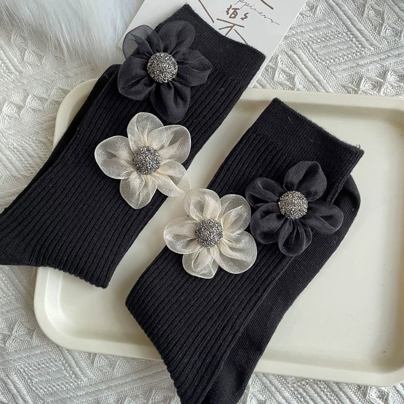 Crystorax | Elegant Floral Mesh Mid-Calf Socks for Women, Spring and Autumn Organza Flower Socks with Subtle Shine
