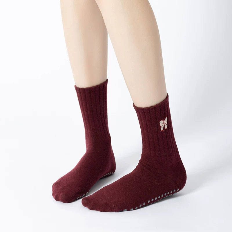 Crystorax | Bow Detail Non-Slip Mid-Calf Yoga Socks for Women, Pilates and Indoor Fitness Socks