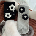 Crystorax | Black and Gray Floral Mid-Calf Socks for Women, Soft Cotton Korean-Inspired Fashion Socks with Pearl Details
