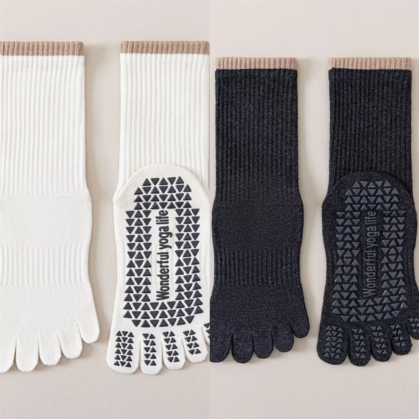 Crystorax | Striped Five-Toe Yoga Socks for Women, Non-Slip Mid-Calf Socks for Pilates, Dance, and Fitness